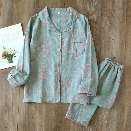 2024 Japanese Spring and Autumn New Women's Pajama Set 100% Cotton Vintage Long sleeved Pants Two Piece Set for Home Furnishings
