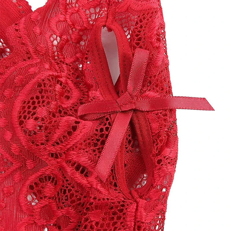 Sexy Crotchless Blue Lingerie Women Lace Hollow Bodysuit Erotic Pajamas Teddy Babydoll Dress Deep V Open Bra Porn Underwear Set