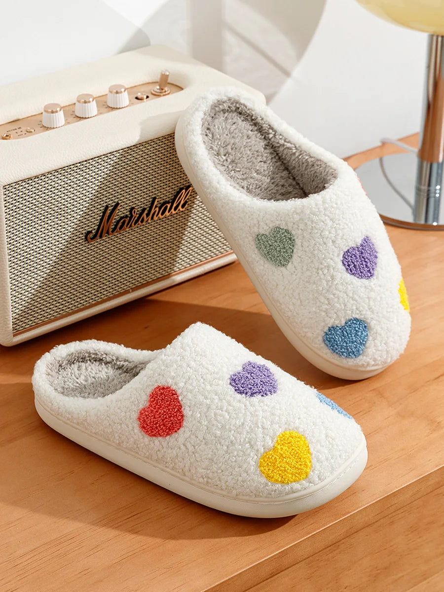 Cute Color Heart Women Slippers Valentine's Day Embroidery Fuzzy Romantic Love Comfy Flat Girl Friend Gift Winter Home Shoes