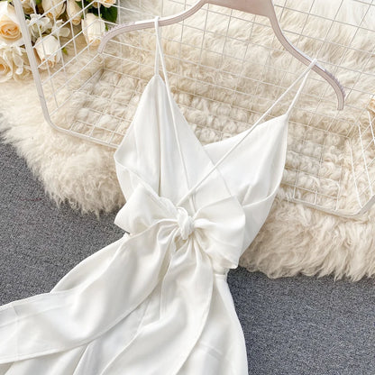 Women Sexy Beach Long Dress Summer V-neck Elegant White Evening Party Dressesladies Backless Bandage Satin Dress Vestidos