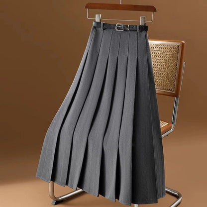 Korean Fashion A Line Skirts Women Vintage Grey Casual High Waist Pleated Skirts Streetwear All Match Elegant Black Midi Skirts