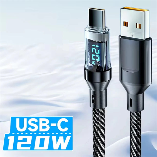 120W USB To Type C Cable Phone Super Fast Charging Cable With LED Display Data Cord For Xiaomi Redmi Samsung Huawei Honor 1M 2M