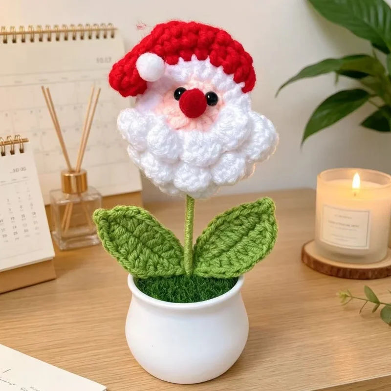 Santa Claus Plush Doll With Crochet Flowers Creative Christmas Day Handmade Bouquets Home Table Decora Pefect Gifts For Friends