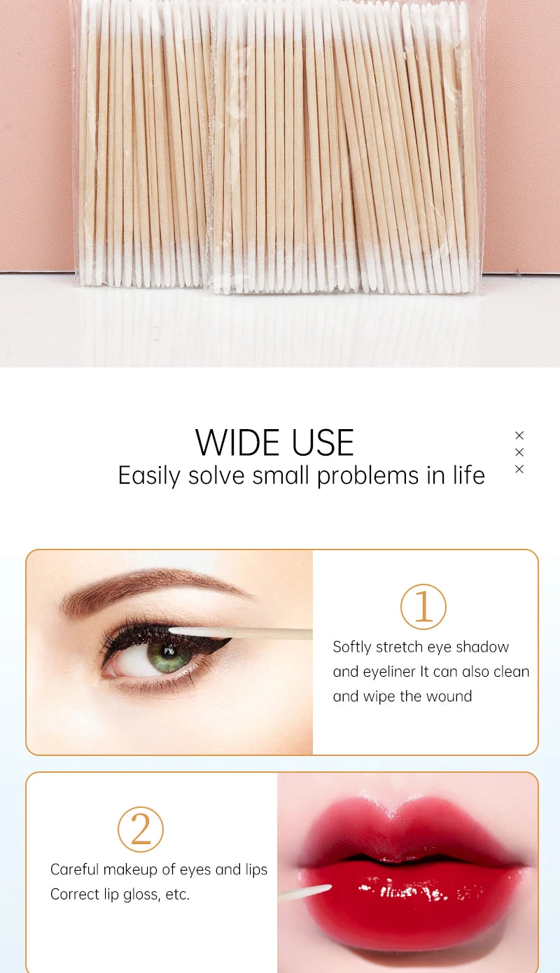 100/300 Pcs Disposable Ultra-small Cotton Swab Brush Lint Free Micro Wood Makeup Brushes Eyelash Extension Glue Removing Tools