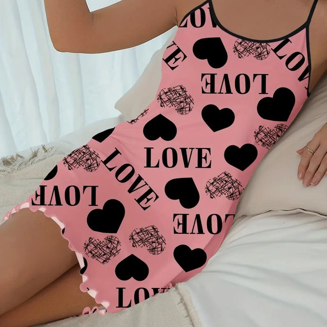 Women Summer Camisole Nightgown Backless Heart LOVE Print Soft Breathable Sleepwear Ruffle Hem Round Neck Night Dress