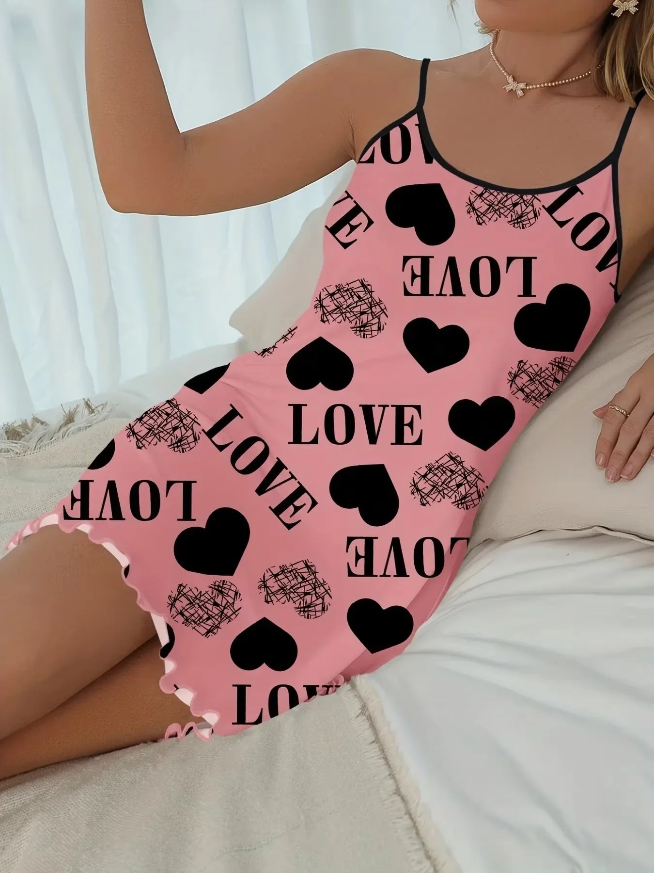 Women Summer Camisole Nightgown Backless Heart LOVE Print Soft Breathable Sleepwear Ruffle Hem Round Neck Night Dress