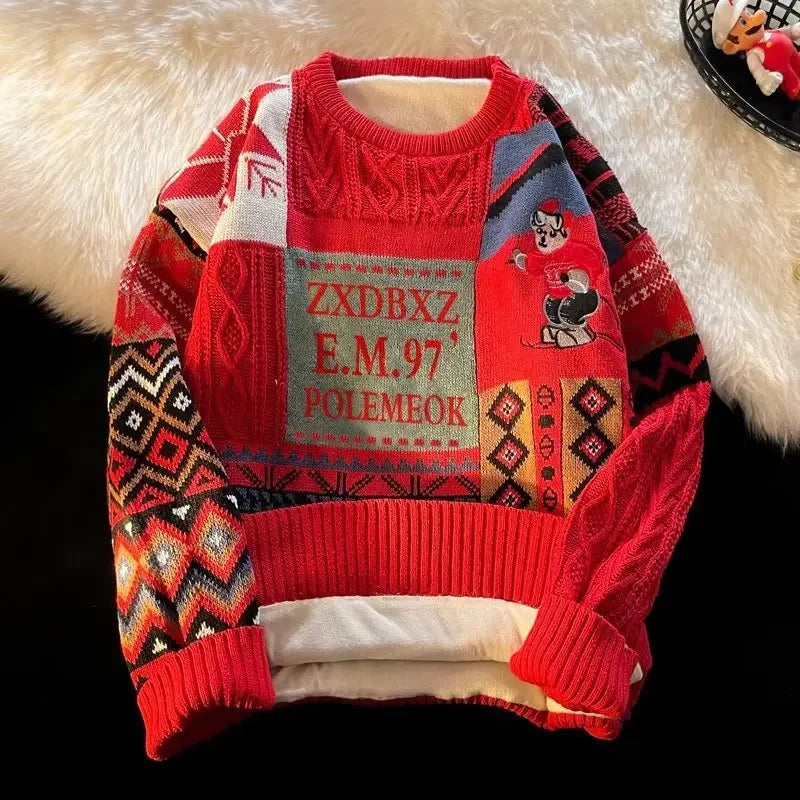 Christmas Sweater Men's Winter Loose-fit Casual Style Knitted Top Jacket American Vintage Fleece-lined Thickened Line Clothes