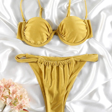 Solid Color Bikinis Push Up Swimwear Women Halter Bikini Set Shiny Swimsuit Push Up Bathing Suits Bandage Beachwear Thong