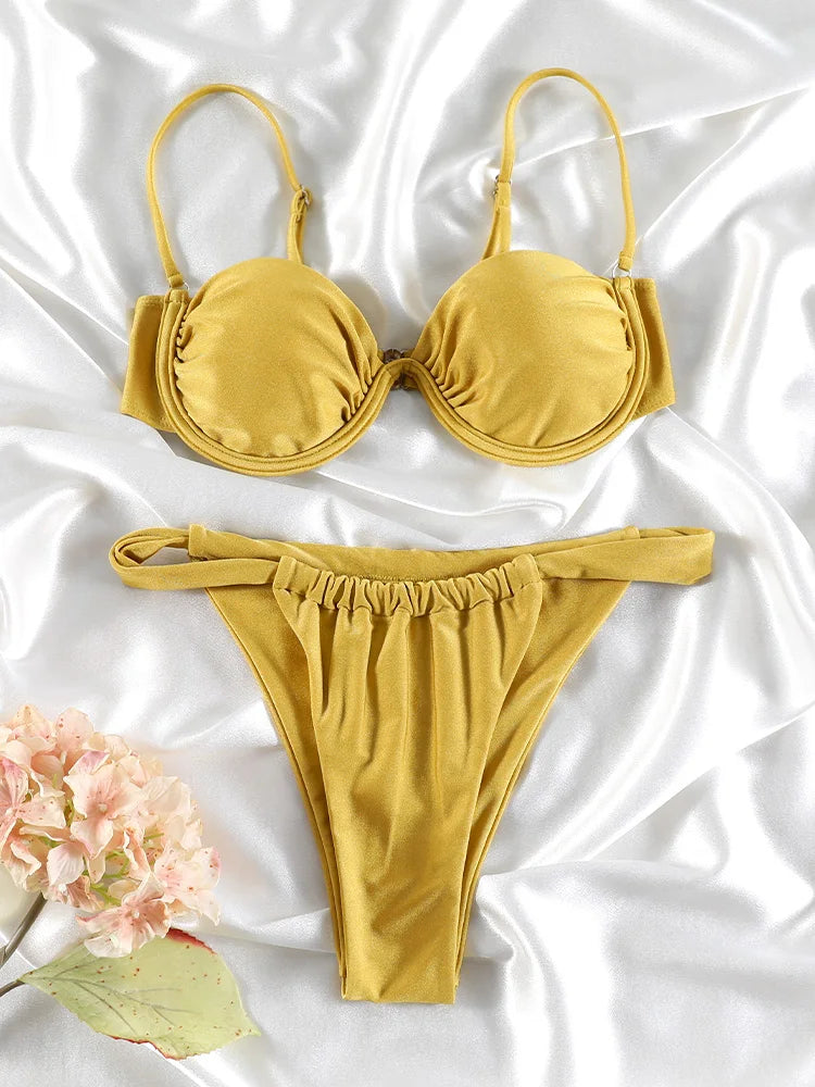 Solid Color Bikinis Push Up Swimwear Women Halter Bikini Set Shiny Swimsuit Push Up Bathing Suits Bandage Beachwear Thong