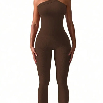 Women Yoga Jumpsuits Workout Ribbed One Shoulder One Piece Sport Jumpsuits