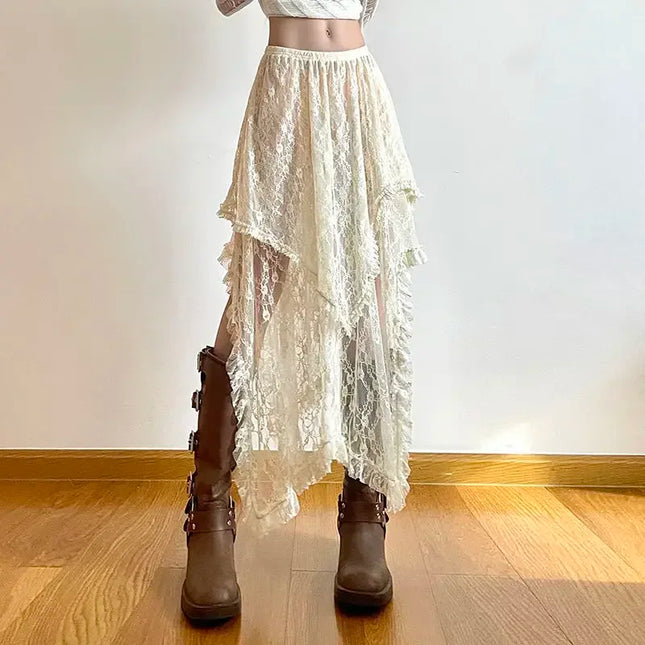 Lace Asymmetrical Skirt Fairycore Women Vintage Y2K Boho Aesthetic Fashion High Waist Mid Skirts Lady Holiday Outfits