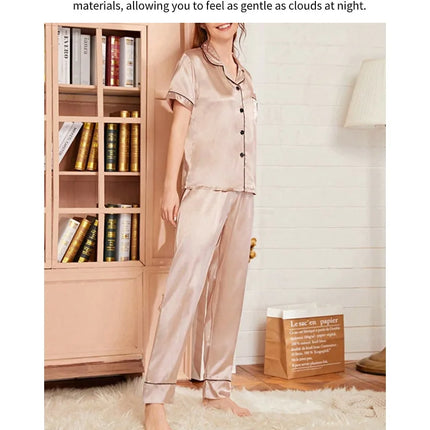 Women's Pajama Pocket Heart Embroidered Pajama Set Satin Comfortable Short Sleeve Button Pajama Lounge Pant For Women Sleepwear