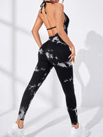 Women's Tie Dye Seamless Workout Jumpsuits One Piece Soft&Stretchy Fashion V-Neck Halter Open Back Yoga Sports Bodysuit