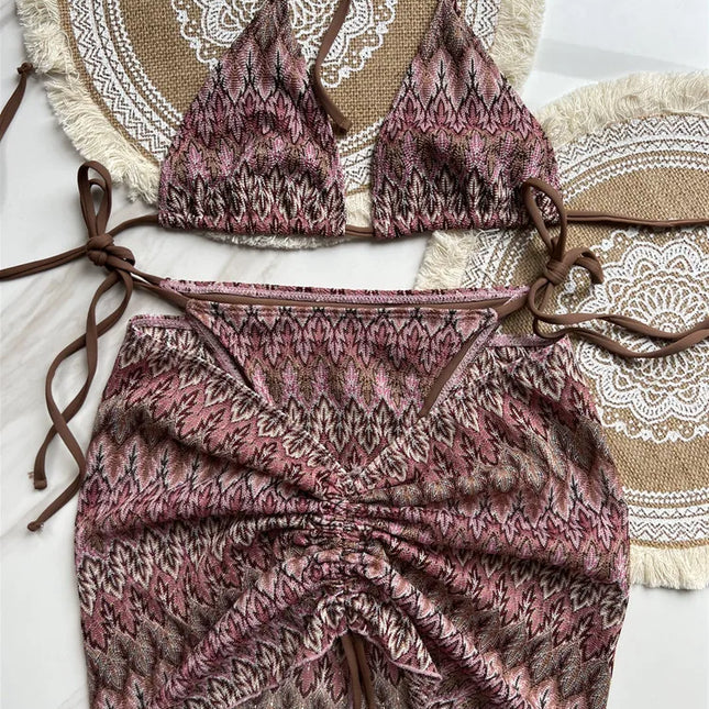 Women Swimsuit Colored Maple Leaves Knitted Bikini Skirt Three-Piece Set Split Swimsuit Bikini