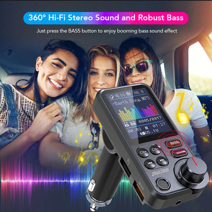 1.8 Inch Wireless Car Bluetooth FM Transmitter Aux Supports QC3.0 Charging Treble and Bass Sound Music Player