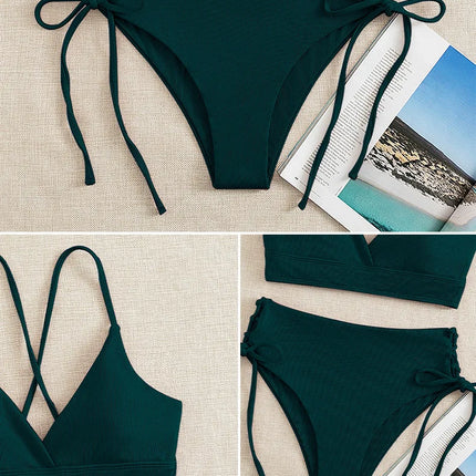 Cikini-V-Neck Split Bikini Set for Women, Sexy Swimsuit, Lace Up, Triangular Bikinis, Solid Color, Beach Swimwear, Bathing Suit