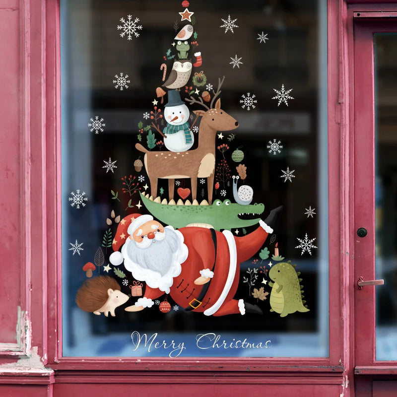 2024 Christmas Window Stickers Santa Claus Xmas Tree Cartoon Glass Decal Merry Christmas New Year Holiday Decorations for Home