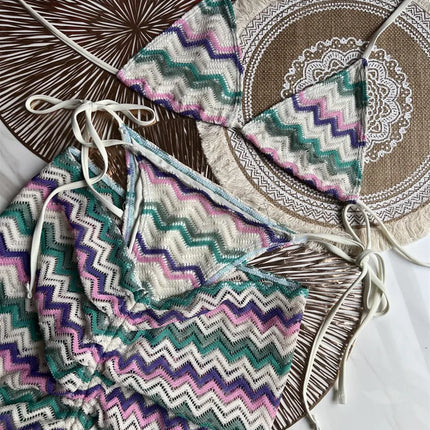 Women Swimsuit Colored Maple Leaves Knitted Bikini Skirt Three-Piece Set Split Swimsuit Bikini