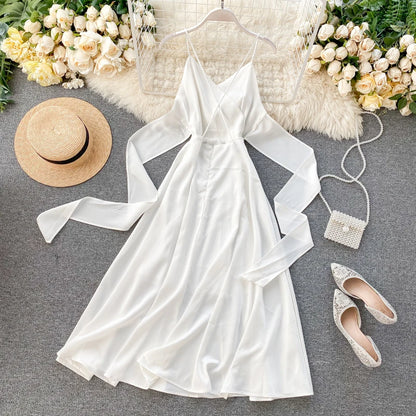 Women Sexy Beach Long Dress Summer V-neck Elegant White Evening Party Dressesladies Backless Bandage Satin Dress Vestidos