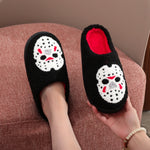 A Pair of Black Halloween Horror Mask Skull Pattern Embroider Plush Home Thick-Soled Comfortable Fur Slippers Personalized Warm Non-Slip Indoor Slippers Autumn and Winter Gifts for Men and Women Can Wear