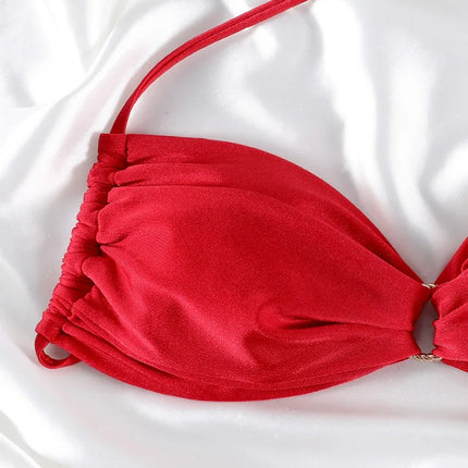 Solid Color Bikinis Push Up Swimwear Women Halter Bikini Set Shiny Swimsuit Push Up Bathing Suits Bandage Beachwear Thong