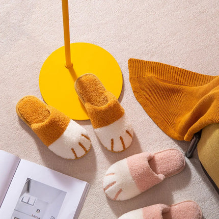 Shevalues Indoor Warm Plush Slippers For Women Men Cute Cat Paw Design House Fur Slippers Mute Flats Slides Indoor Fluffy Shoes