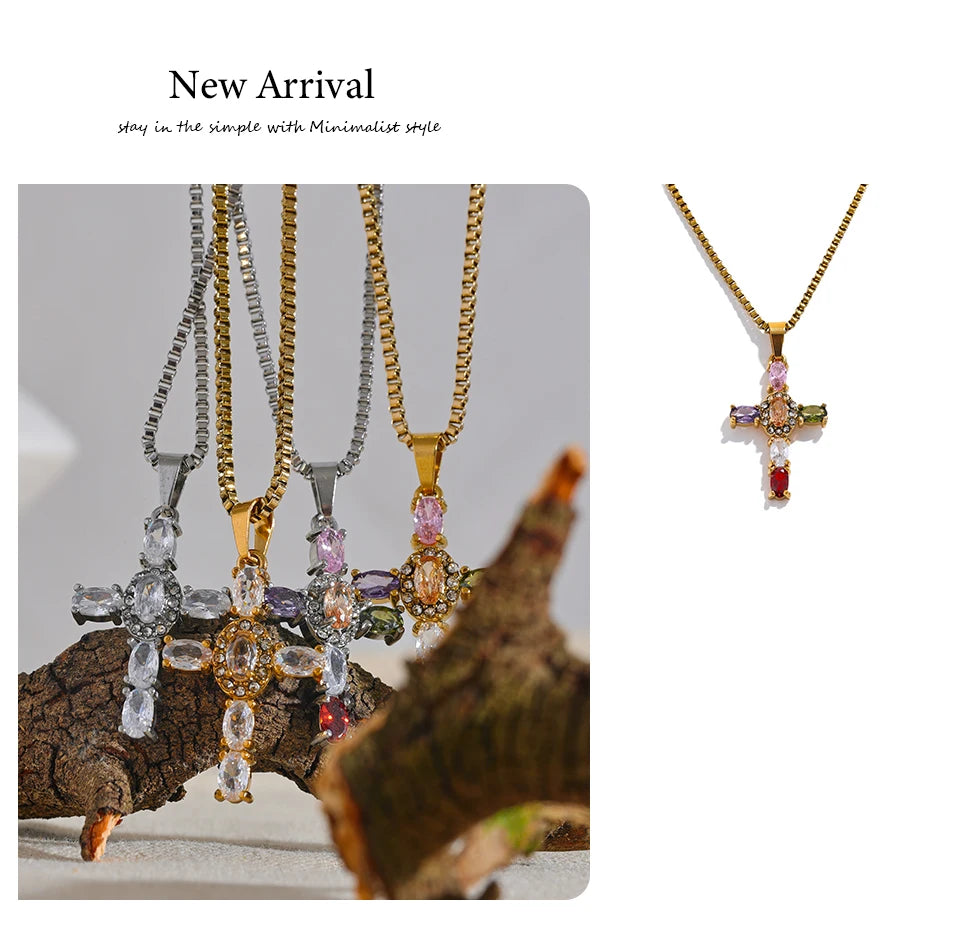 Yhpup Delicate Colorful Bling Cubic Zirconia Cross Pendant Stainless Steel Luxury Necklace High-Grade Fashion Shiny Jewelry Gift