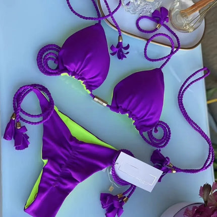 New Women Bikini Backless Rope Triangle Swimsuit Multicolor