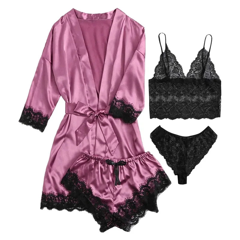 Women's Satin Pajama Set 4pcs Floral Lace Trim Cami Lingerie Sleepwear with Robe Sleepwear Lace Cami Shorts Loungewear Pink
