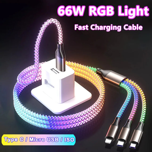 3 In 1 66W 6A RGB Color Light Micro USB Type C Cable Fast Charging Cable For Xiaomi Samsung Huawei For Iphone Car Charging Cord