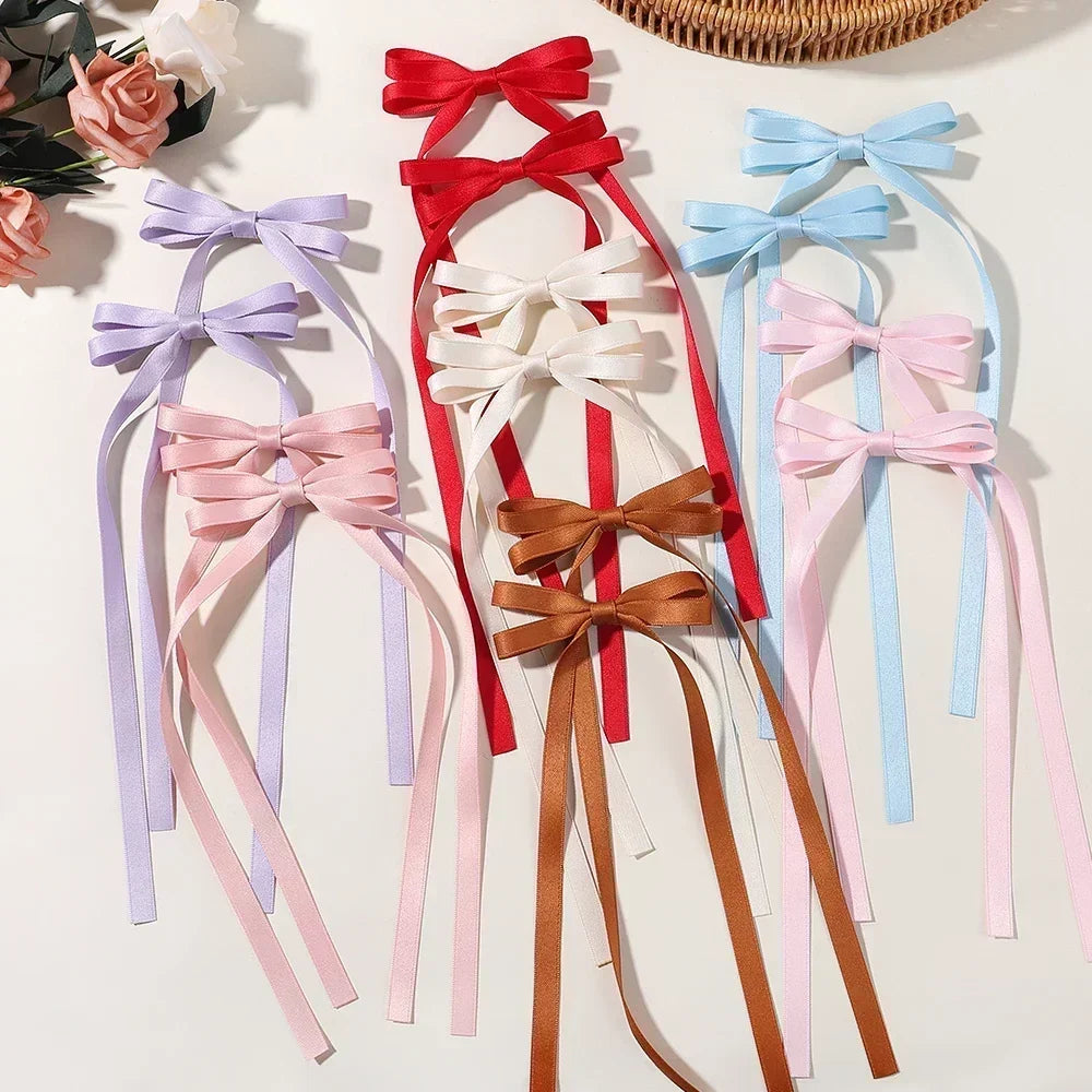 2pcs 2024 New Cute Ribbon Bow Headband Long Tassel Hair Clip Women's Hair Accessories Girls Party Headwear Side Clips Wholesale