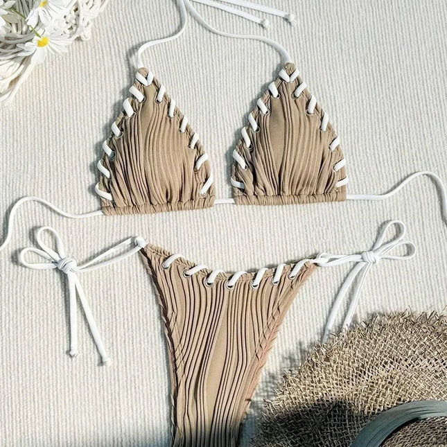 2025 Halter Wrinkled Weave Bikini Women Swimwear Female Swimsuit Two Pieces Bikini Set Brazilian Bathing Suit Swim Beach Wear
