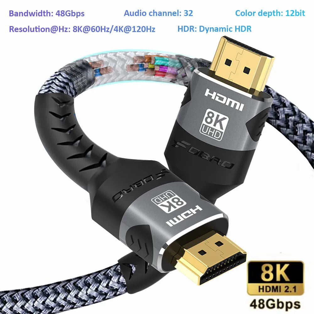 FDBRO 8K HDMI 2.1 Cable 4K@120Hz 8K@60Hz HDMI2.1 Cable 48Gbps Adapter For RTX 3080 eARC HDR10+ Video Cable PC Laptop TV box PS5