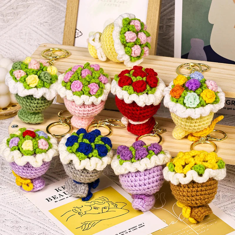 Stuffed Plants Sunflowers Roses Handmade Crochet Flowers Keychains Small Pendant Backpack Hangings Christmas Birthday Gifts