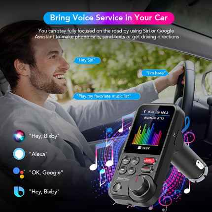 1.8 Inch Wireless Car Bluetooth FM Transmitter Aux Supports QC3.0 Charging Treble and Bass Sound Music Player