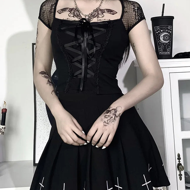 Women's Vintage Gothic T-shirt Bodycon Bandage Lace Black Mesh Top Sexy Casual Gothic Streetwear Female Top
