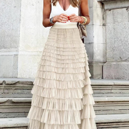 Solid Multilayer Ruffle Mesh Skirt Women Boho High Waist Long Maxi Tulle Skirt Spring Summer Party Women'S Clothing