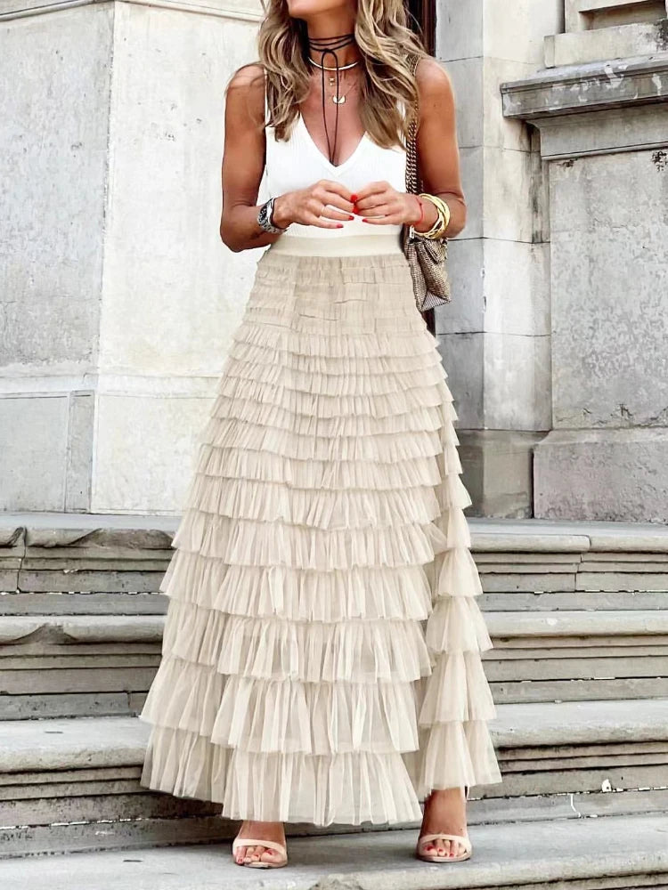 Solid Multilayer Ruffle Mesh Skirt Women Boho High Waist Long Maxi Tulle Skirt Spring Summer Party Women'S Clothing