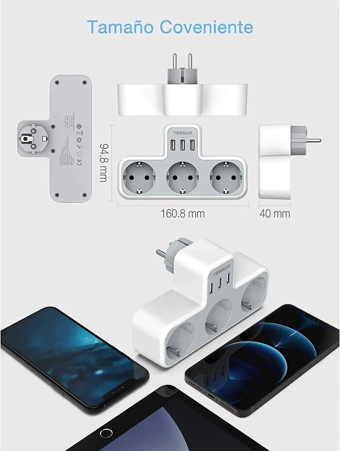 TESSAN EU Plug Power Strip with 3 AC Outlets +3 USB Ports, 6 In 1 Wall Charger Power Socket Adapter Overload Protection for Home