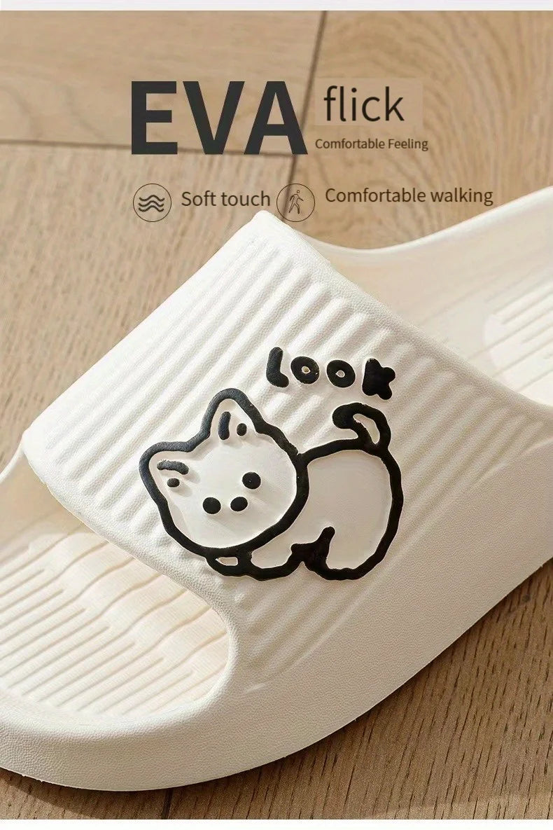 Fun Comfortable Women's SLippers Chic Cartoon Kawaii Cat Print Slides Slip-on Bathroom EVA Flat Heel Indoor Summer Fashion
