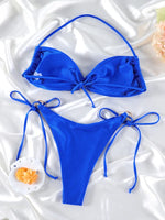 Solid Color Bikinis Push Up Swimwear Women Halter Bikini Set Shiny Swimsuit Push Up Bathing Suits Bandage Beachwear Thong