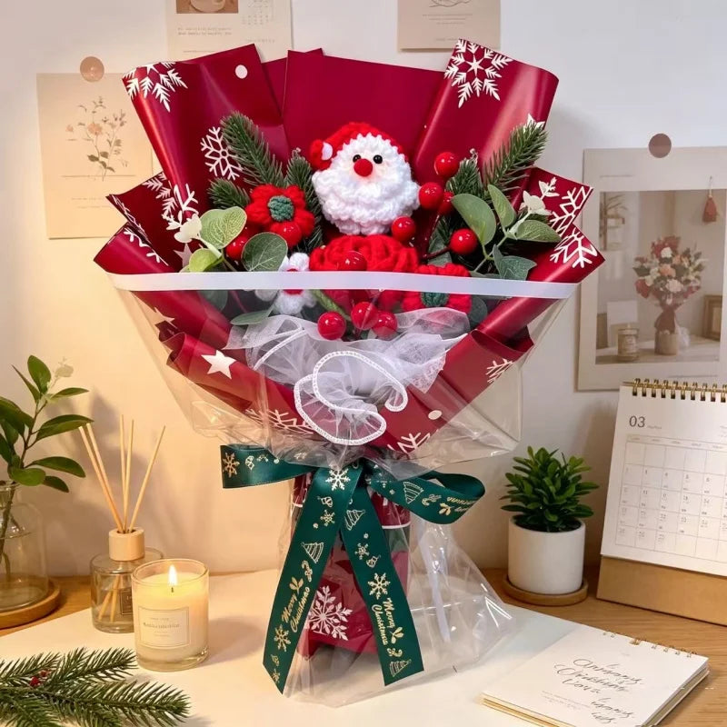 Santa Claus Plush Doll With Crochet Flowers Creative Christmas Day Handmade Bouquets Home Table Decora Pefect Gifts For Friends