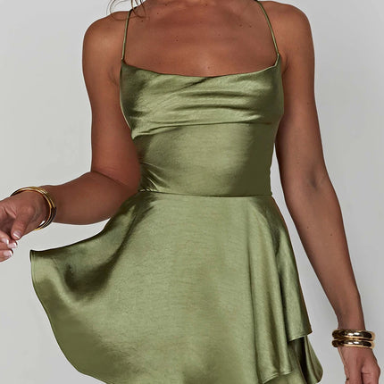 Women Sleeveless Satin Playsuits Fashion Summer Short Sling Backless Jumpsuits Cross Tie-Up Bandage Romper Streetwear Outfit