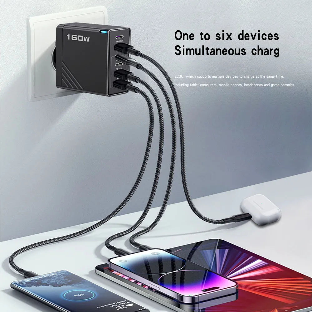 160W Multi Ports USB Type C Charger Fast Charging Phone Charger Adapter For iPhone Samsung Xiaomi EU/US/UK Plug USB Wall Charger
