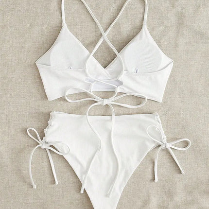 Cikini-V-Neck Split Bikini Set for Women, Sexy Swimsuit, Lace Up, Triangular Bikinis, Solid Color, Beach Swimwear, Bathing Suit