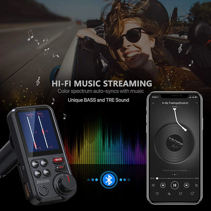 1.8 Inch Wireless Car Bluetooth FM Transmitter Aux Supports QC3.0 Charging Treble and Bass Sound Music Player