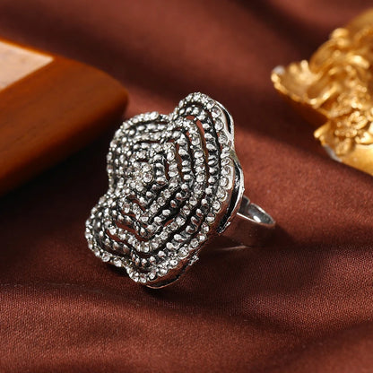 Fashion New Creative Design Style Personalized Exaggerated Layered Full Diamond Ring Geometric Retro Temperament Ring