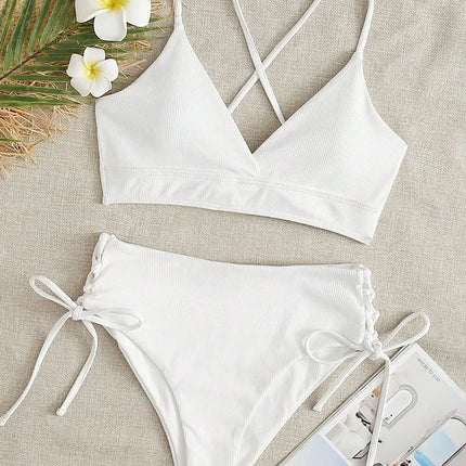 Cikini-V-Neck Split Bikini Set for Women, Sexy Swimsuit, Lace Up, Triangular Bikinis, Solid Color, Beach Swimwear, Bathing Suit