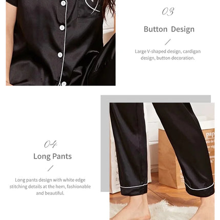 Women's Pajama Pocket Heart Embroidered Pajama Set Satin Comfortable Short Sleeve Button Pajama Lounge Pant For Women Sleepwear