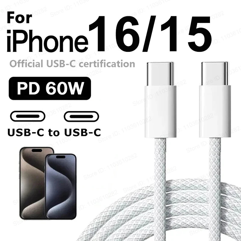 Original 60W PD USB-C to USB C Fast Charger Cable For Apple iPhone 16 Pro Max 15 Plus Type C Quick Charging For Xiaomi Samsung